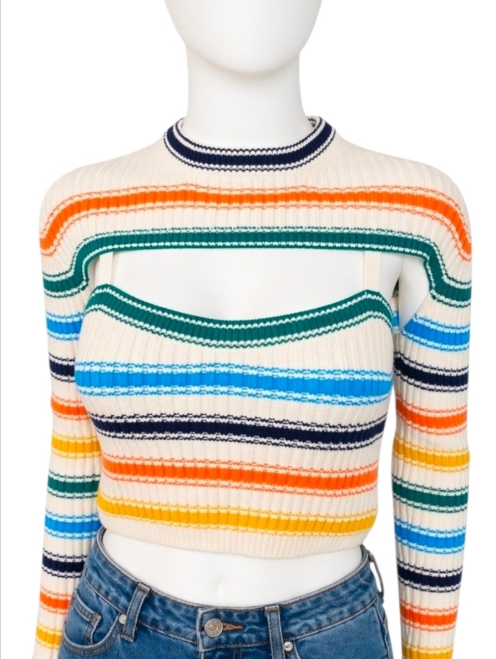 ROSIE ASSOULIN | Rainbow Striped Cutout Wool Cropped Sweater XS - Picture 2 of 11